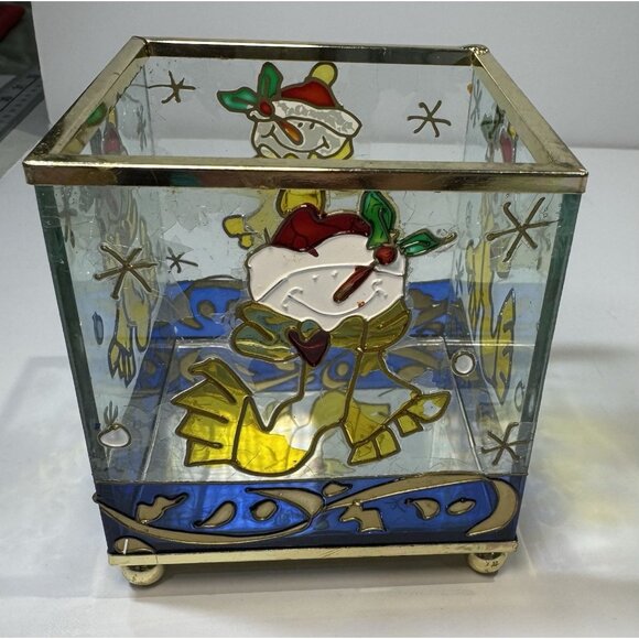 Vintage Hand-Painted Stained Glass Votive Candle Holder Christmas Snowman - Picture 5 of 6